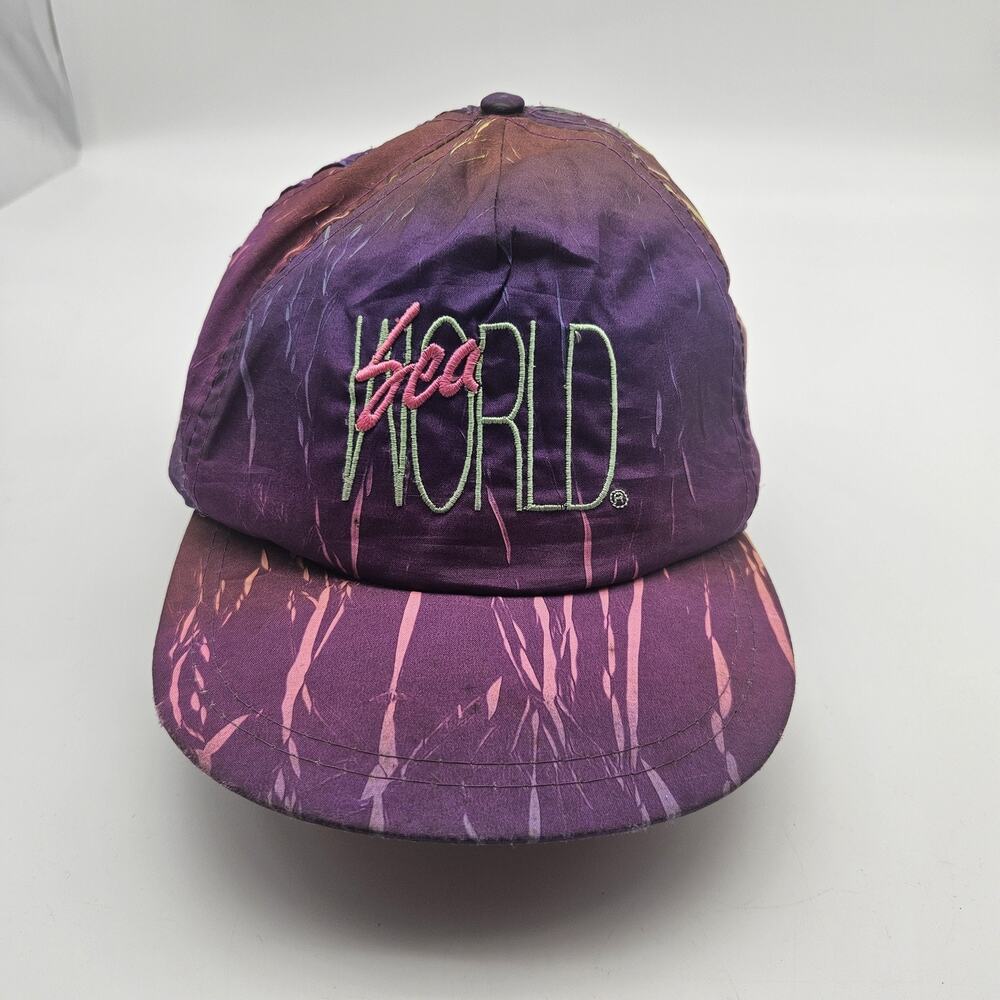 Vintage‎ SeaWorld Hat Cap Snap Back Purple Pink Tie Dye Paint Splash Mens 90s
